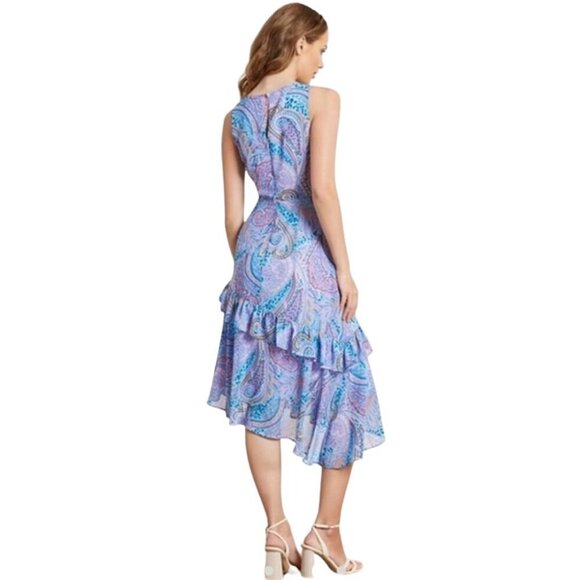NWT Sam Edelman Summer Paisley Ruffled Midi | Blue Multi Asymmetrical Hem | Sz 4 - Picture 9 of 15